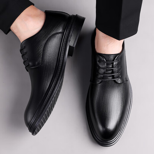 Portures leather shoes men's lace-up business casual shoes fashionable striped commuter formal shoes wedding shoes for men 1768 black 39