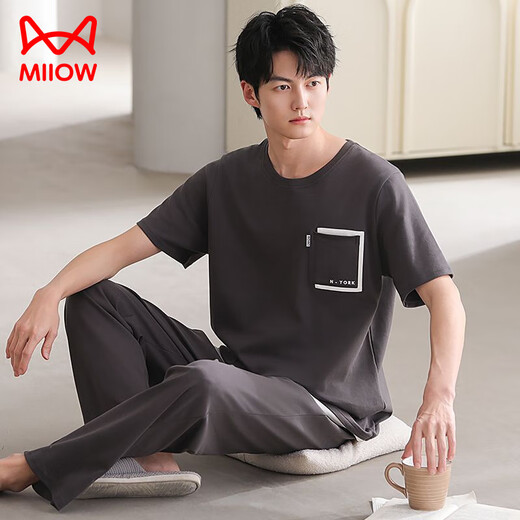 MiiOW Herren-Pyjama, Sommer, neue coole Baumwolle, Rundhalsausschnitt, kurzärmelige Hose, Jugend, koreanischer Stil, lässige, lockere Heimkleidung, kann draußen getragen werden 12014 L
