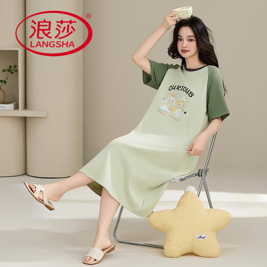 浪莎（LangSha）纯棉睡裙女夏季中长款连衣裙短袖睡衣可爱休闲大码胖m200斤家居服 QM-653 M 建议【80-100斤】