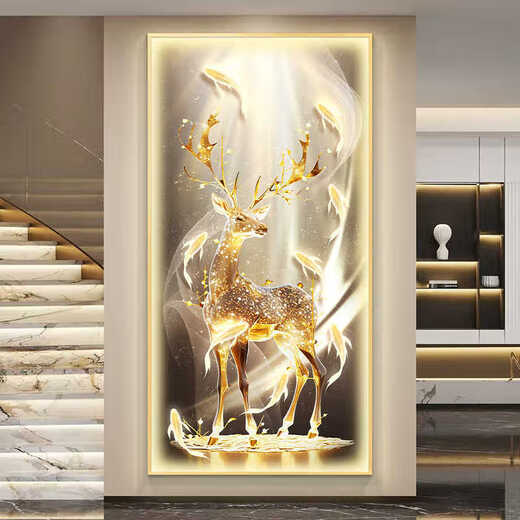 Chengzai Fugui Elk Living Room Decoration Painting Light Luxury Atmospheric LED Lights Directly opposite the door Wall Mural Painting Hallway Hanging Painting T12859 50*100 (Suggested 0.7-0.8 meters wall) Textured oil canvas aluminum alloy gold frame [no lamp]
