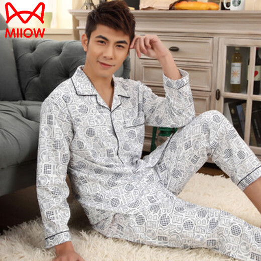 Catman Frühlings- und Herbst-Herren-Pyjamas im mittleren Alter Frühling und Sommer reines Baumwoll mittleren Alters und älteren Pyjamas-Männer, die langärmeliges großer großer Heimkleidung Set Burgundy 844# Red XL [Vorgeschlagene Höhe 160170]