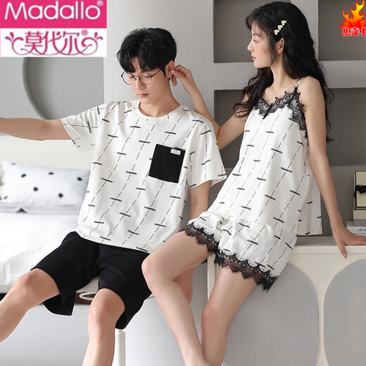Modal 2 sets prix couple pyjamas pur coton d'été femmes suspense sexy dentelle de nuit hommes manches courtes shorts à domicile ydx-9902 # m femmes + hommes l