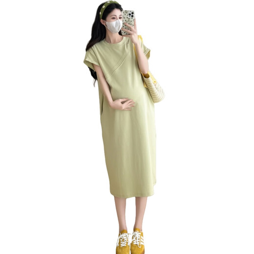 苒琦妈咪孕妇连衣裙夏季薄款纯棉慵懒风孕妇裙时尚简约孕妇装夏装短袖裙子 芥末绿 XL