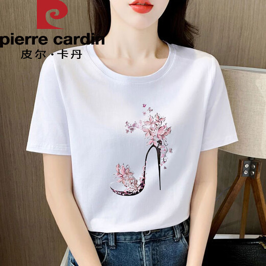 Pier Cardin light pink pure cotton short-sleeved T-shirt for women, loose temperament, age-reducing printing, half-sleeved summer suit 2025 new top 6172 leather powder short-sleeved M (recommended 80-105Jin [Jin equals 0.5 kg])