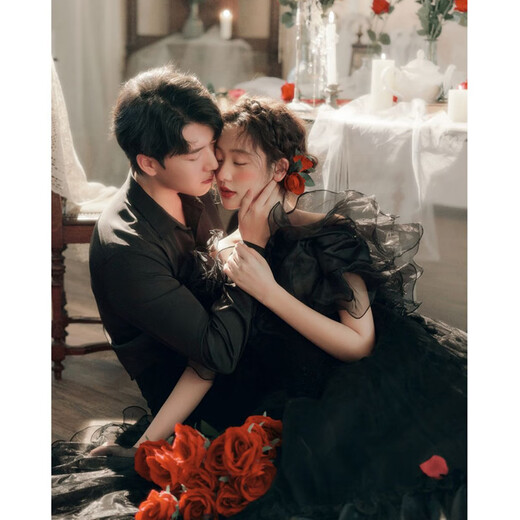 康美诗黑色晚礼服情侣婚纱照订婚写真 红色 L