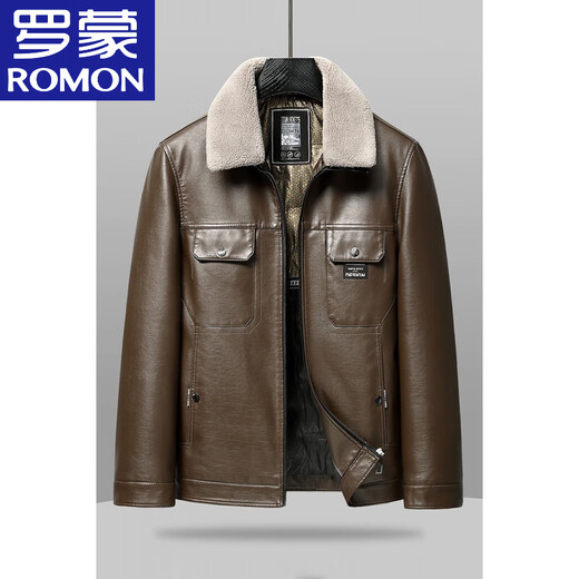ROMON leather down men's 2026 autumn and winter new thickened warm leather jacket removable fur collar leather jacket men's jacket black 2XL reference around 140-155