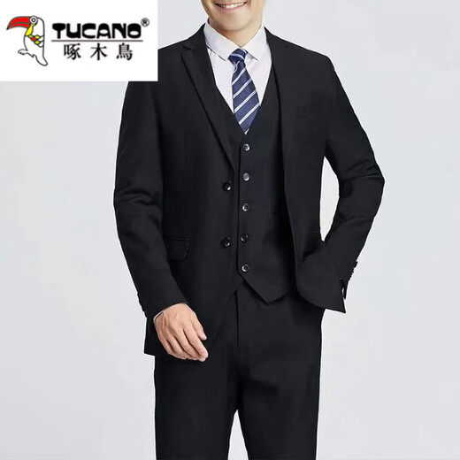 Woodpecker Suit Men's Business Slim Suit Professional Formal Small Suit Male Groomsman Groom Wedding Dress Jacket Two-button Black Jacket+Pants+Vest+Shirt+Tie 2XL 126-140Jin Jin is equal to 0.5 kg