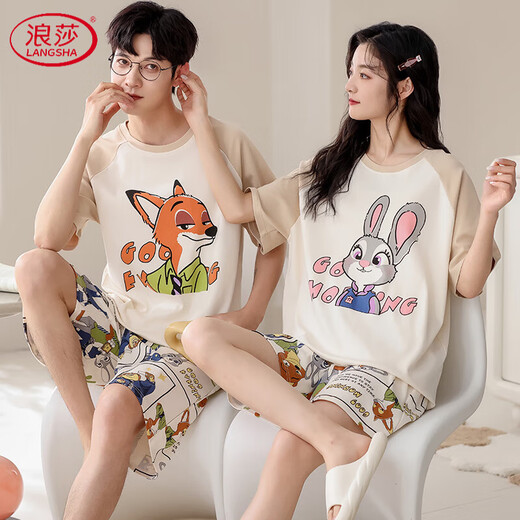 浪莎（LangSha）2025年新款情侣睡衣夏季纯棉短袖一男一女卡通可爱夏天家居服套装 GEY-687(情侣主图) M 女+男L