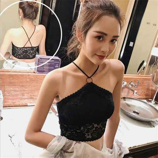 Lace underwear cross strap halter neck anti-exposure bottoming bra women's tube top beautiful back wrap chest strap chest pad vest white one size