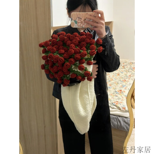 送女友花束毯子diy材料包玫瑰花束成品玫瑰盖毯毛毯毛线钩针织礼 (A690)小号80cm【淡蓝+肉粉玫瑰