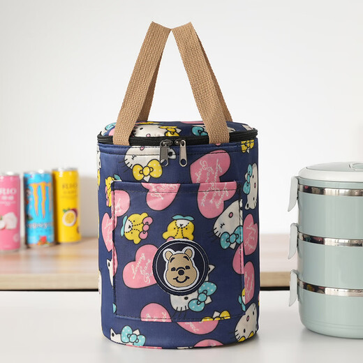 Pu Lian round insulated lunch box bag, aluminum foil thickened handbag, insulated bag with rice bucket for office workers, portable meal bag, round barrel insulated style, bear label denim blue, large size, diameter 23, height 29 cm