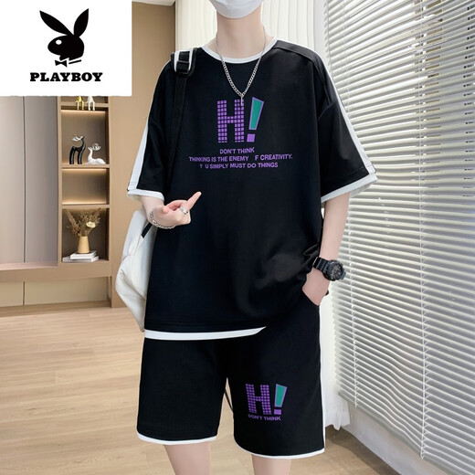 Playboy (PLAYBOY) teenagers' summer new sports suit 12-15 year old boys' short-sleeved T-shirts for students with big children's ice silk shorts clothes 9926 beige suit M about 90-110Jin [Jin equals 0.5 kg] can be worn