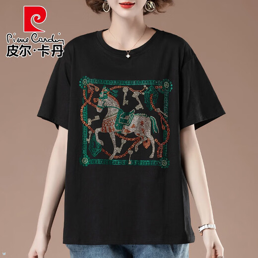 皮尔卡丹（pierre cardin）胖肥显瘦短袖T恤女士夏季大码宽松百搭烫钻中年妈妈时尚薄款上衣 白色【9896款】 L 100-115斤