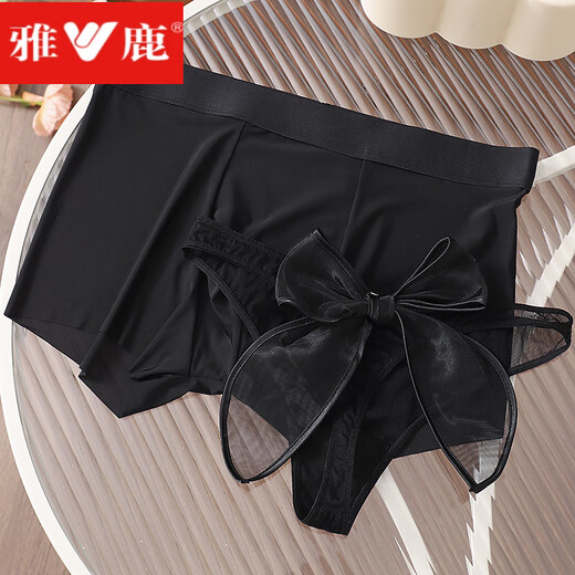 Yalu couple underwear for one man and one woman, ice silk seamless thin section, pure desire, hollow out, simple Japanese girl triangle boxer suit, T-string black, couple suit, M, men's XXL size + women's size