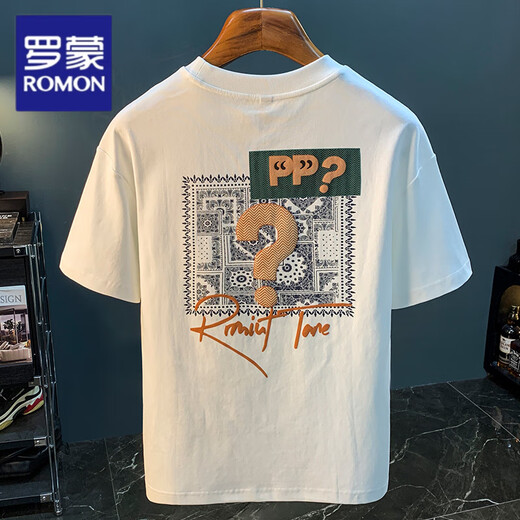 Футболка с короткими рукавами Romon Men's Men's Men's Men's 2025 Summer Thin Fashion Print Fut Shirt Scinjiang Хлопковая круглая шея с половиной наполовину Top Top Top To White 2 [ZJ1047 FIT версия] M подходит для 90-108JIN [Jin Equals 0,5 кг]