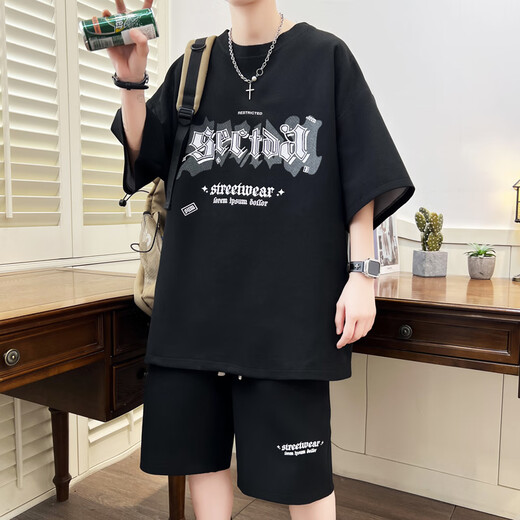 夏季新款短袖t恤男初中高中学生运动套装青少年潮流帅气大童夏装 NZJ-6626浅蓝色(上衣+短裤) 3XL 145至160斤