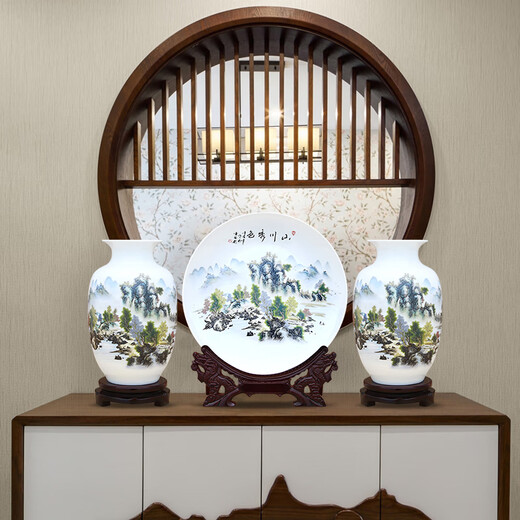 傲世景德镇瓷器摆件办公室博古架陶瓷工艺品酒柜玄关客厅电视柜装饰品 鸿运当头三件套+全套底座+证书