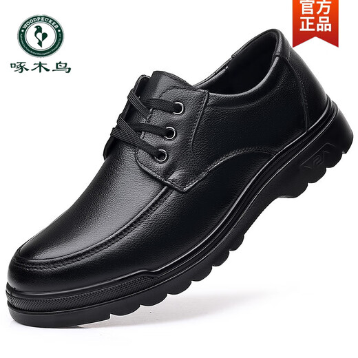 Holzspecker Echtes Männerzehenschicht Cowide Echtes Leder weicher Sohle Runde Zehen Business Arbeit lässig Lederschuhe Herren Non-Rutsch-Vaters Schuhe 6627 Black 38