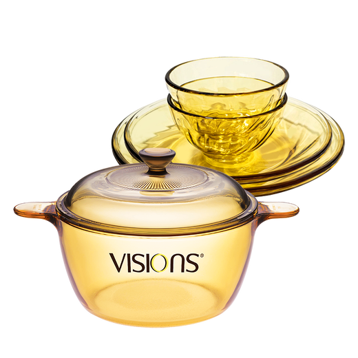 Corning 1.5L soup pot and 4-head tableware set combination, heat-resistant glass pot and glass dish set combination, VS15+4-head crystal tableware set