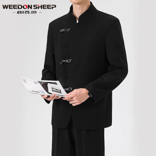 威登羊新中式中山装新郎礼服西装外套男士春秋季潮牌痞帅中国风西服套装 黑外套+黑衬衫+西裤【三件 XL 【高质量】