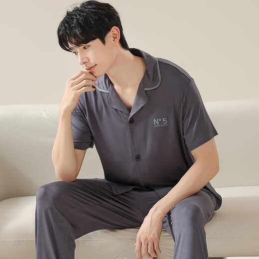 含蕊睡衣女夏季莫代尔薄款短袖长裤大码凉感冰丝男家居服套装 N12111女12311男 170 女款M