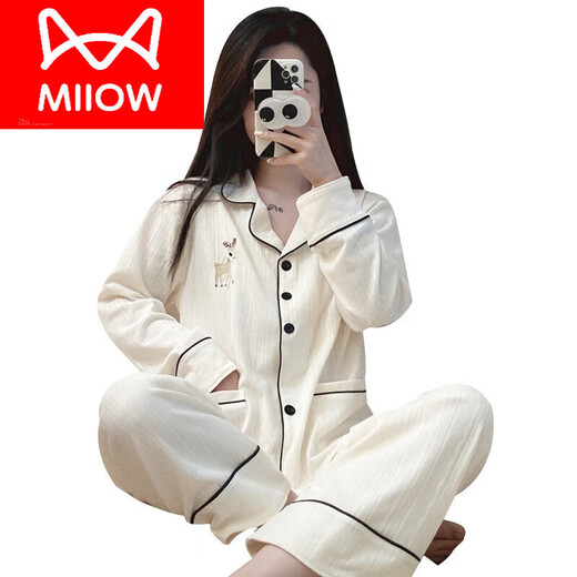 Catman (Miiow) Pyjamas für Frauen im Frühling und Herbst Pure Cotton Long Sleeves Einfache Damen losen Sommerkleidung Set Herbst und Winter New Style 3882 l [95 120Jin [Jin gleich 0,5 kg]]