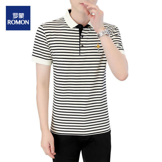 ROMON striped shirt men's short-sleeved polo shirt slim ice silk T-shirt summer long-sleeved shirt trendy short-sleeved T-shirt men's 5012 black 3XL