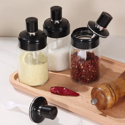 Baijie seasoning jar glass seasoning bottle salt shaker kitchen seasoning storage box spoon lid integrated sealed salt bottle seasoning box set integrated seasoning box free sticker 4-piece set