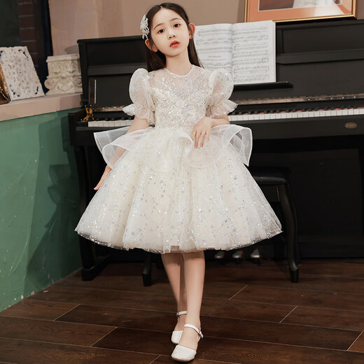 CamalgOri女童花童礼服女婚礼公主裙高端钢琴演奏小孩花生日蓬蓬纱演出服装 白色礼服+金色手工皇冠(秒发 110 (标准码数-勿贪大)