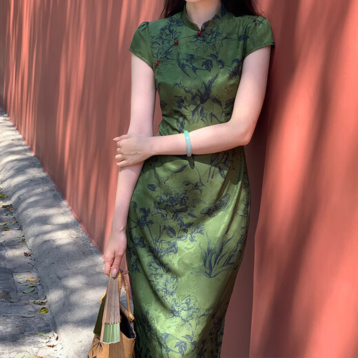 Yudingfu cheongsam Chinese style summer new Chinese style women's dress waist mid-length engagement toast dress mom green bottom printed half-sleeved cheongsam M 100-110Jin Jin is equal to 0.5 kg