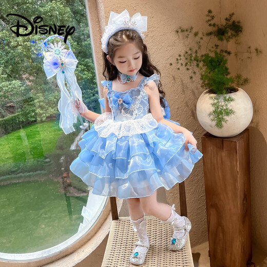 Disney Girls 'Kleid Sommer 2025 Neues modisches kleines Mädchen High-End-Kleid Elsa Prinzessin Kleid Lolita Rock [blauer Rock] JSGY6625 ELSA Kleid 130 cm Empfohlene Höhe etwa 125