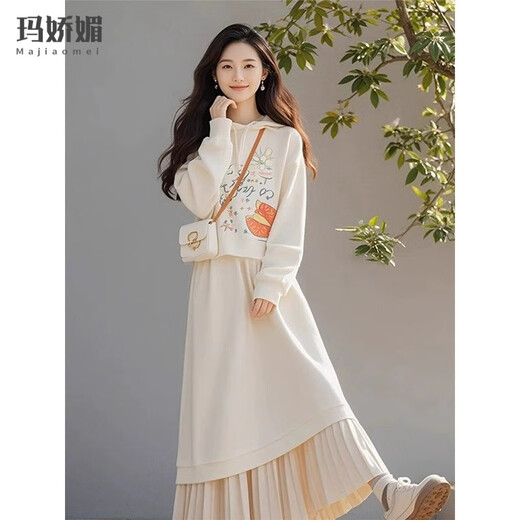 Majiaomei sweatshirt dress women's suit 2025 spring and autumn new college style Korean style versatile casual sweatshirt skirt off-white top + skirt M