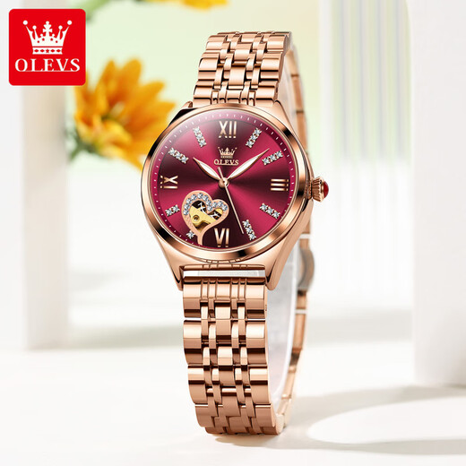 
OLEVS Swiss certified brand watch women's simple temperament women's watch hollow fully automatic mechanical watch light luxury women's watch OLEVS-6636-Red steel red face