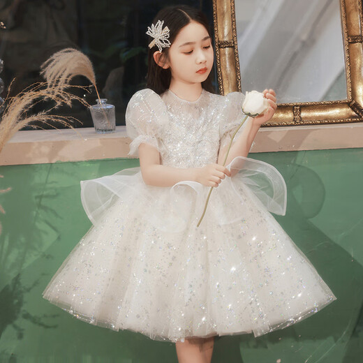 CamalgOri女童花童礼服女婚礼公主裙高端钢琴演奏小孩花生日蓬蓬纱演出服装 白色礼服+金色手工皇冠(秒发 110 (标准码数-勿贪大)