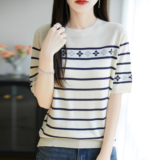 
Mushi Summer Tennis Knitted Short Sleeve Women's Round Neck Thin Jacquard Knitted Half Sleeve Base Shirt Laiser New DMR854 White L