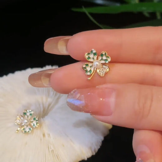 QUAMER老凤凰金店款仿珍珠幸运四叶草耳钉女绿色精致小巧耳环轻奢感耳 唯美四叶草+3884(两对装)