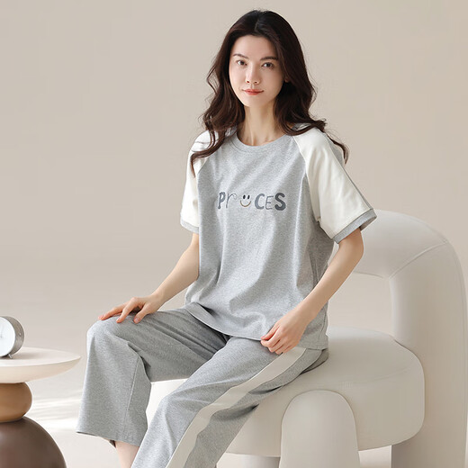 女士短袖纯棉睡衣套装夏季长裤家居服韩版薄款可外穿夏天卡通 Y9717 M (建议75-95斤)