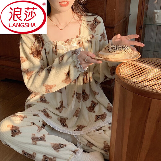 浪莎（LangSha）珊瑚绒睡衣冬季女款甜美长袖法兰绒日系加厚加绒春秋天家居服套装 9922 M 【80-100斤】