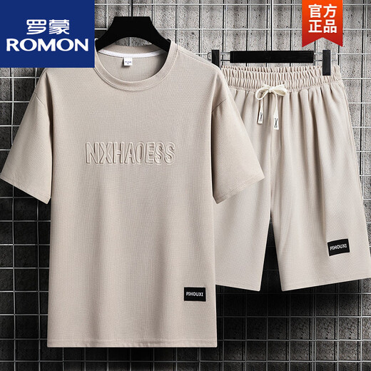 罗蒙（ROMON）冰丝套装男夏季休闲短袖t恤潮流透气两件套半袖青年跑步运动衣 套装TZ829黑色上衣裤子 2XL 建议145165斤