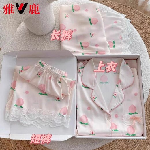 Yalu High-End-Seidenpyjamas für Frauen im Sommer Dünne süße Spitze Pfirsich kurzärmelige Hose dreiteiliger Set für Outdoor Wear Peach [kurzärmelige + Hosen] 9905 2xl [130-155jin [Jin gleich 0,5 kg]]