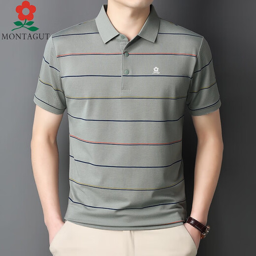 Mengtejiao summer mulberry silk short-sleeved T-shirt men's middle-aged daddy's suit striped lapel half-sleeved Polo shirt 723 Baolan average size 165/m suggests 100-115Jin [Jin equals 0.5 kg]