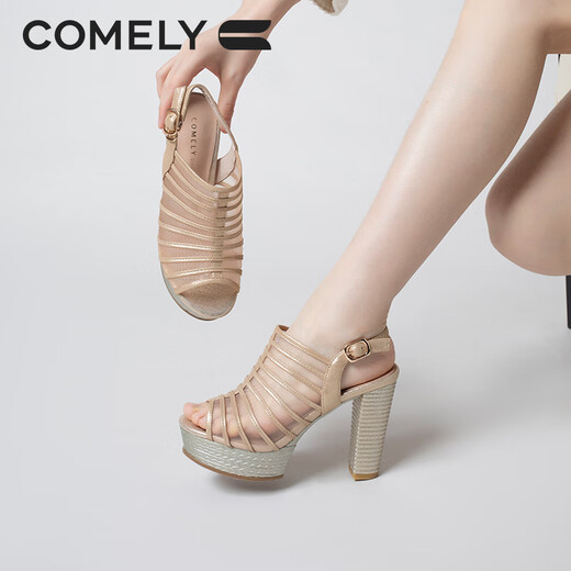 康莉（COMELY）商场同款高跟凉鞋女25年夏季防水台鱼嘴凉鞋罗马凉鞋 金色 36