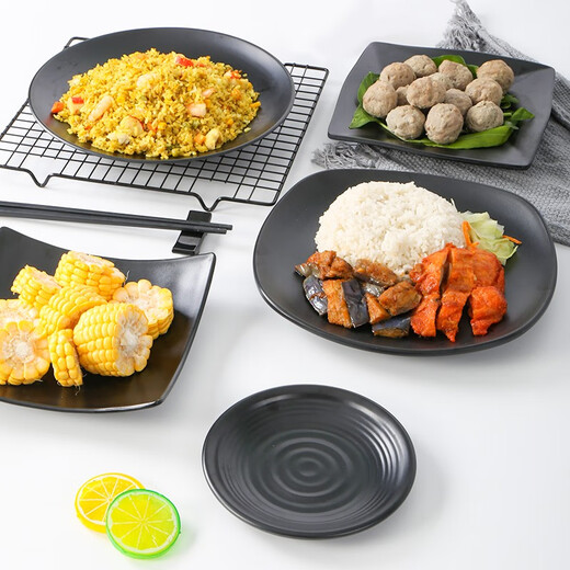 Metamin -Tischgeschirr Geschirr schwarzer Grillplatte Bone Plate Handelsgericht Grillen Snackplatte Plastikschale gebratene Reisplatte LJP1098 Halbkasten 36 Stücke 0 Zoll