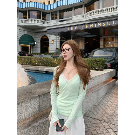 Jingpufei Koreaner V-Ausschnitt Sonnenschutzmittel T-Shirt Frauen Langarm Slim T-Shirt Unterwäsche Spitze Sling White 15567# s