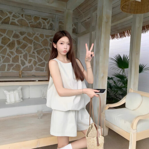 京濮飞多巴胺少女感两件套无袖背心阔腿短裤显瘦纯色T恤 9719海盐蓝上衣 2XL