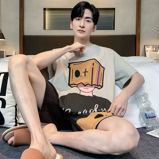 Langsha (Langsha) Pajamas para hombres de verano Algodón puro caricatura de manga corta adolescente para hombres de verano de gran tamaño para el hogar