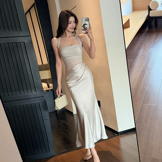 YIOU 2025 Sommer Mesh Spleißen Kleid frauen Neue Neckholder Design Taille Abnehmen Hüfte Rock 9892 Kaltgrau S