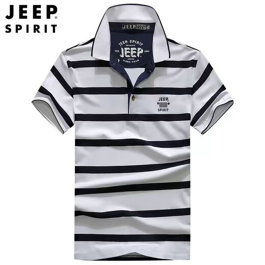 吉普（JEEP）高档短袖t恤条纹纯棉2025夏季新款潮流修身半袖p0lo衫翻领上衣服 683蓝色 L