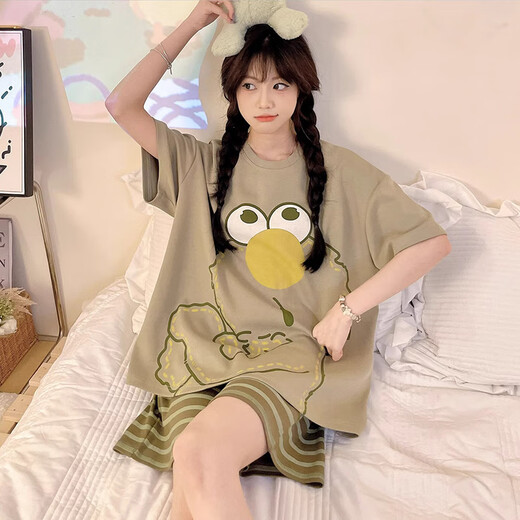 Xushansi Internet Celebrity Style Pyjamas für Frauen große Größe 200 Jin [Jin ist gleich 0,5 kg] Sommer kurzärmelige Shorts süß und niedlich fett mm Home Kleidung Neue Sommerstil 679 Grüne Dinosaurier M Empfohlen 80-90 Jin [Jin gleich 0,5 kg]