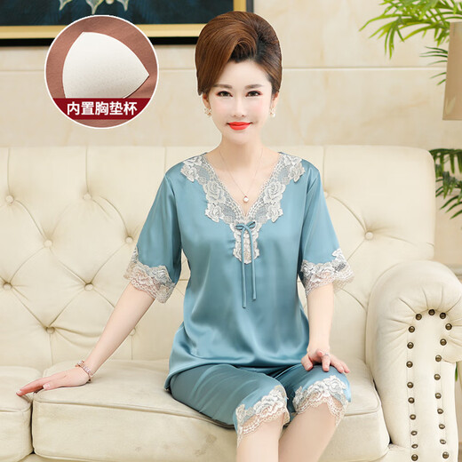 浪莎（langsha）带胸垫中年妈妈睡衣女夏季真丝薄款短袖冰中老年人家居服套装 AYM688金色 L 不带胸垫